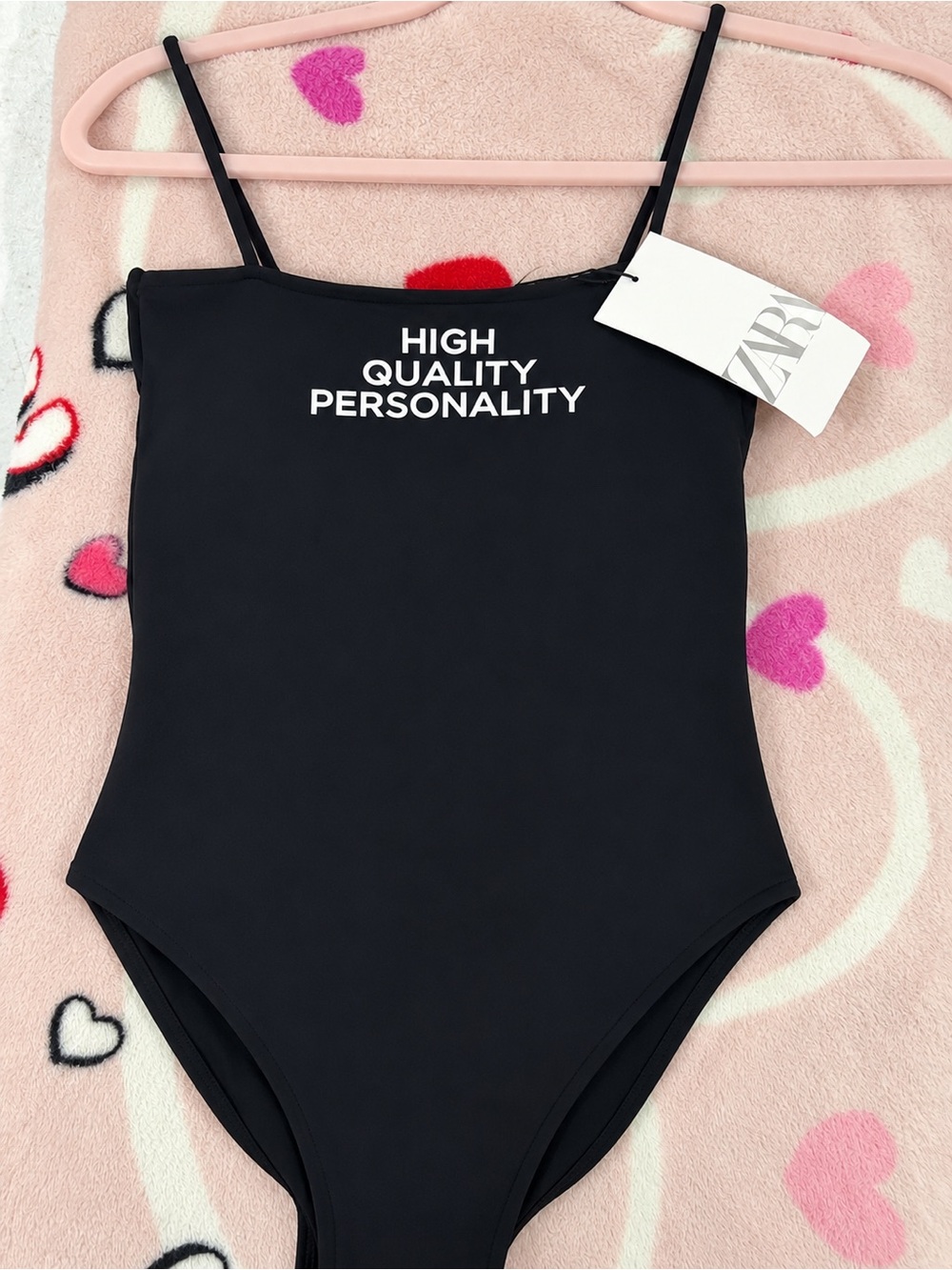 Zara Black Kids One-Piece Swimsuit with White 'High Quality Personality' Print